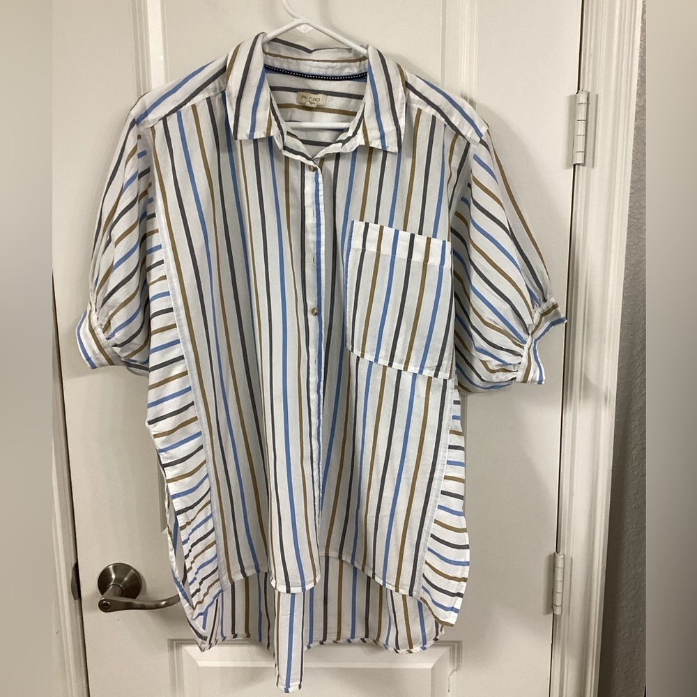 Anthropologie’s Pilcro Striped Button-Down Shirt in White, Blue, and Brown